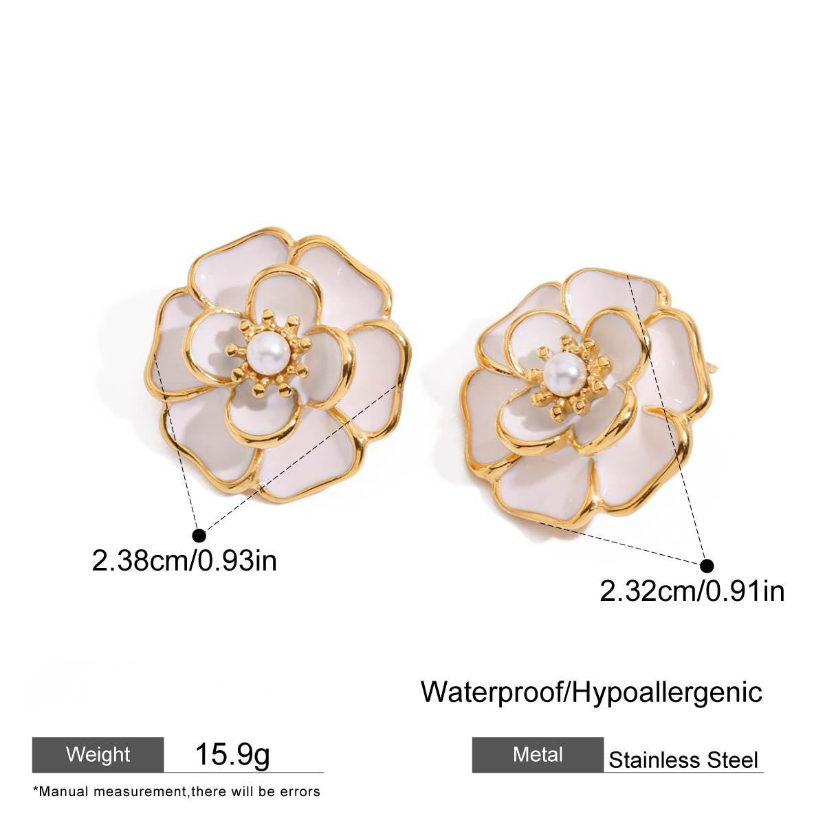 Product specification graphic for The Fleur Studs, detailing their dimensions, weight of 15.8g, and icons for their waterproof and hypoallergenic materials.