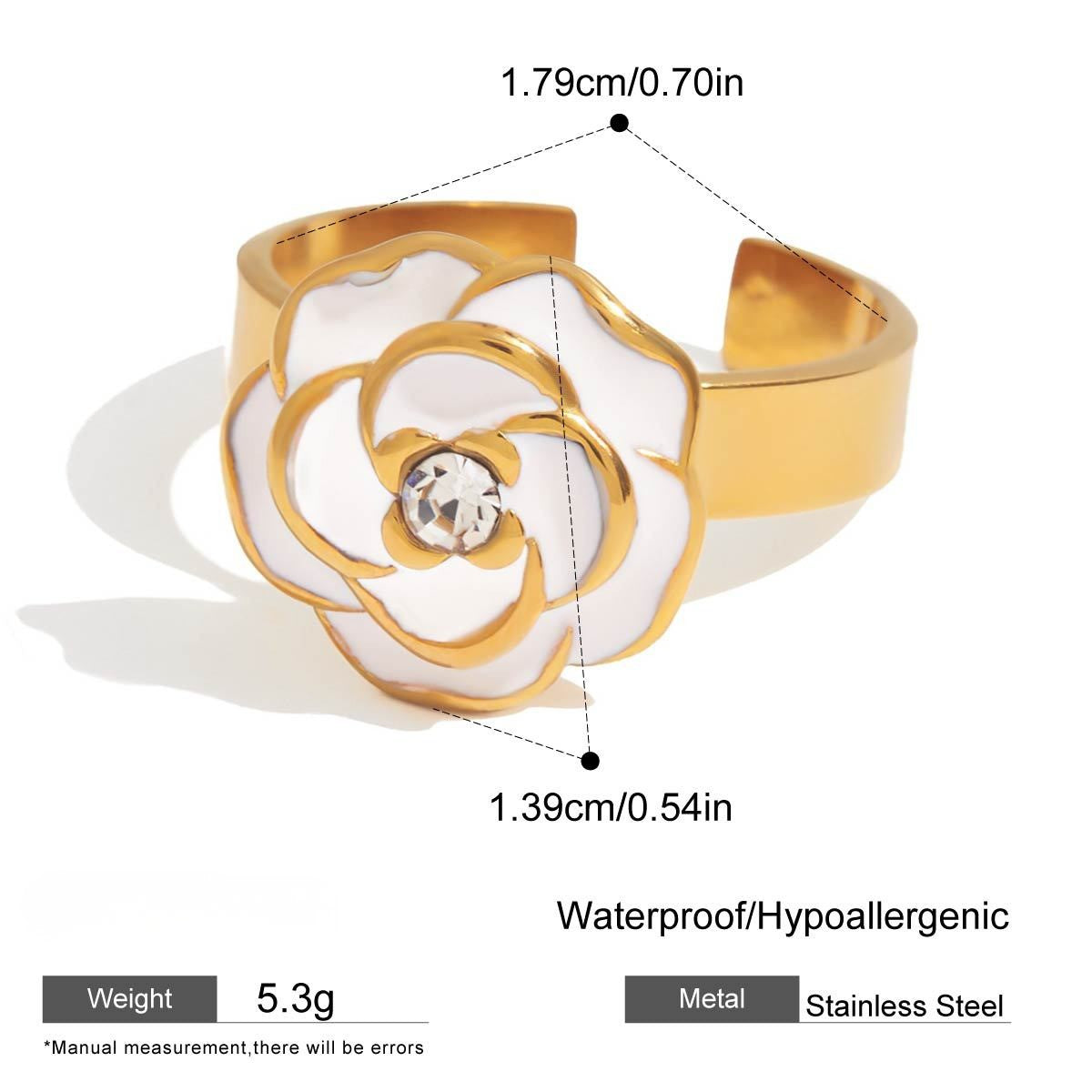 Product specification graphic for The Fleur Ring, detailing its adjustable design, dimensions, weight, and icons for its waterproof and hypoallergenic materials.