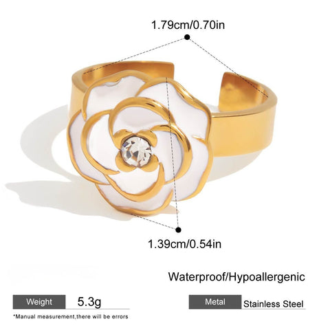 Product specification graphic for The Fleur Ring, detailing its adjustable design, dimensions, weight, and icons for its waterproof and hypoallergenic materials.
