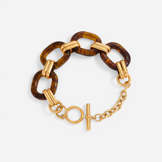 Chunky tortoise shell and gold chain link bracelet with toggle clasp waterproof jewelry.