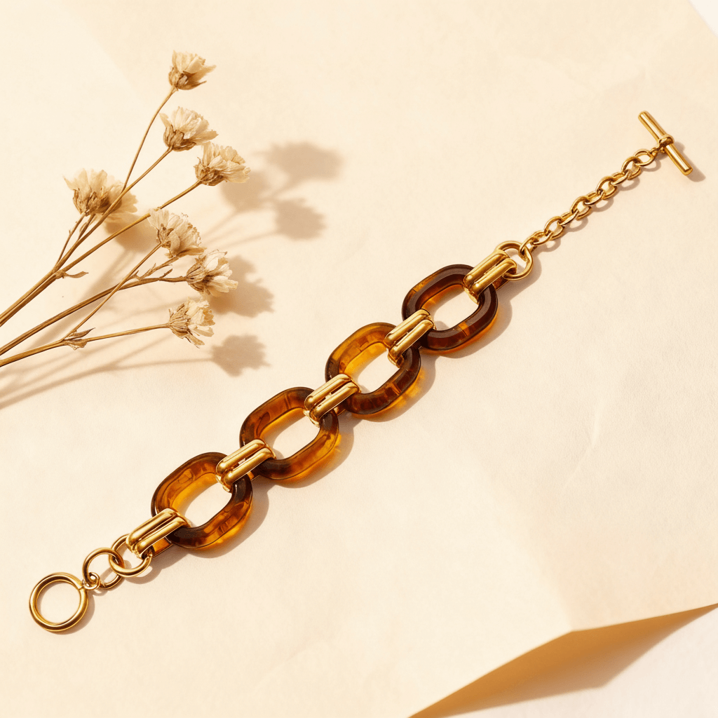 A full, straight-lay view of the Florence Link Bracelet, clearly showing the design from the toggle clasp to the end of the chain.