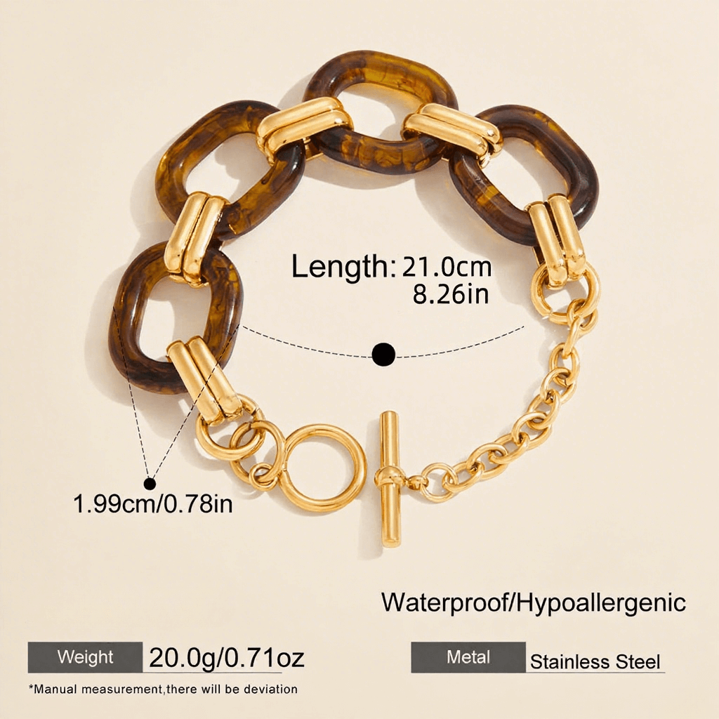 Product specification graphic for the Florence Link Bracelet, displaying its length of 21cm and icons indicating its high-quality materials: 18k gold plating and hypoallergenic stainless steel.