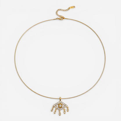 Gold evil eye necklace with crystal teardrop charms, waterproof stainless steel chain.