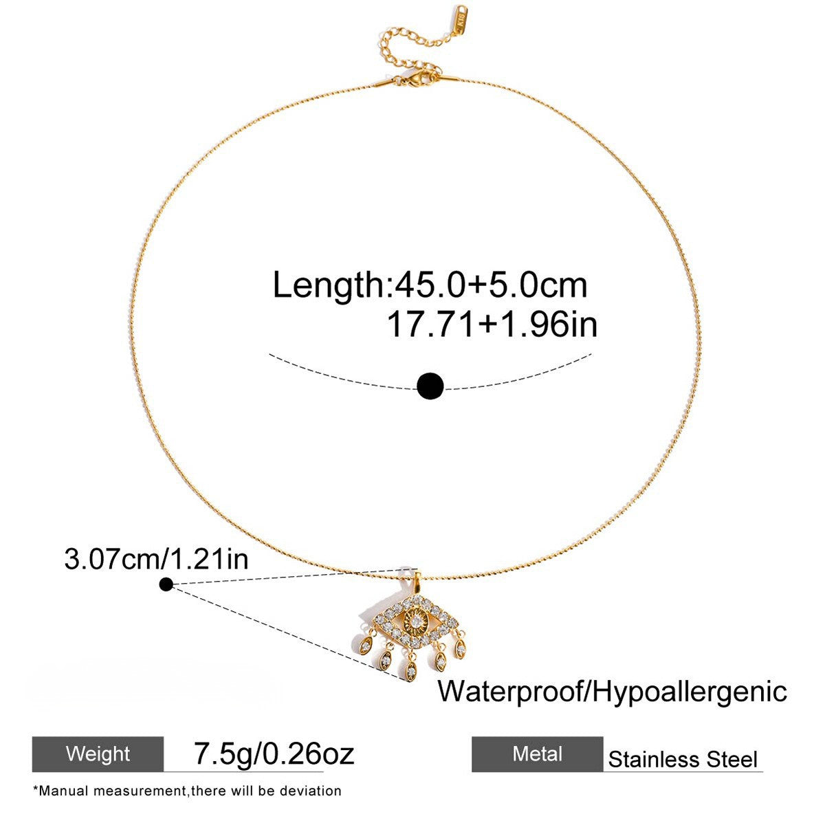 Product specification graphic for The Fortuna Necklace, detailing its adjustable length, pendant dimensions, and icons for its waterproof and hypoallergenic materials.