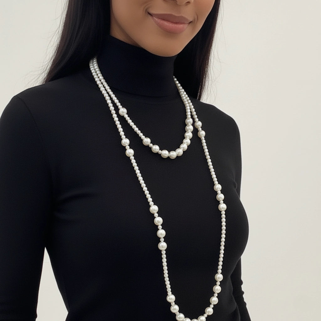 A stylish model wearing The Gabrielle Necklace looped twice over a black turtleneck, demonstrating a classic, multi-strand layered look.