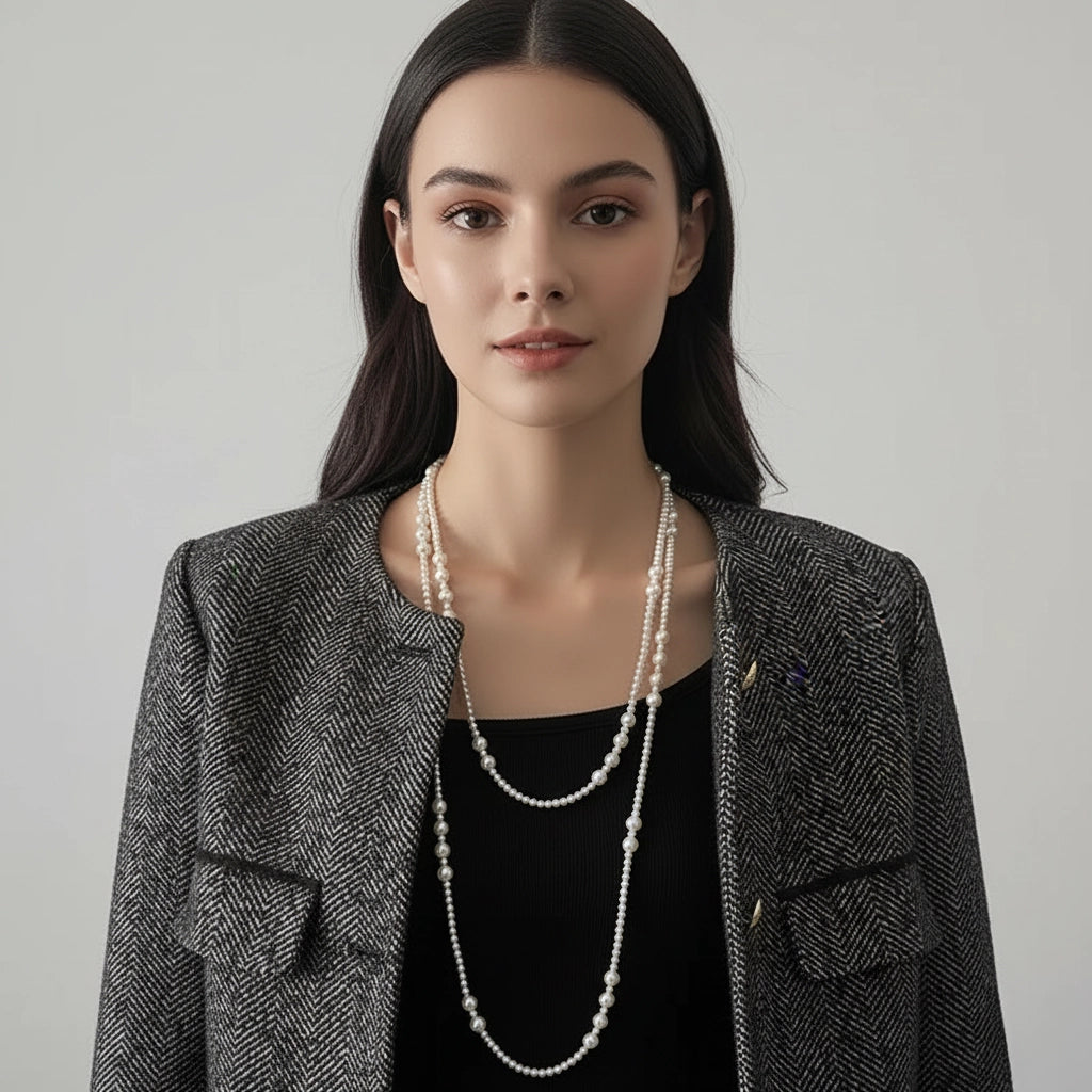 A sophisticated model wearing The Gabrielle Necklace as a single, long strand over a tweed jacket, showcasing a timeless and elegant way to style it.