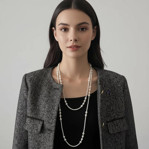 A sophisticated model wearing The Gabrielle Necklace as a single, long strand over a tweed jacket, showcasing a timeless and elegant way to style it.