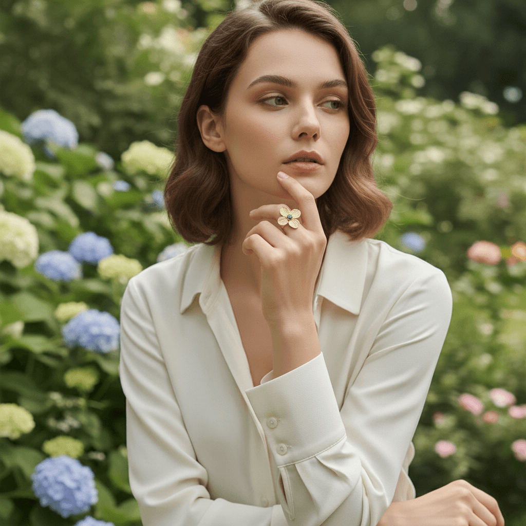A close-up of a model wearing the Gaia Ring during the golden hour. The warm, low sun highlights the rich texture of the hammered gold petals, making the entire ring glow with an earthy, divine light.