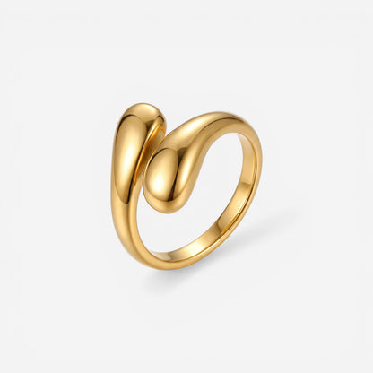 Gold bypass ring with sculptural double teardrop design waterproof stainless steel.