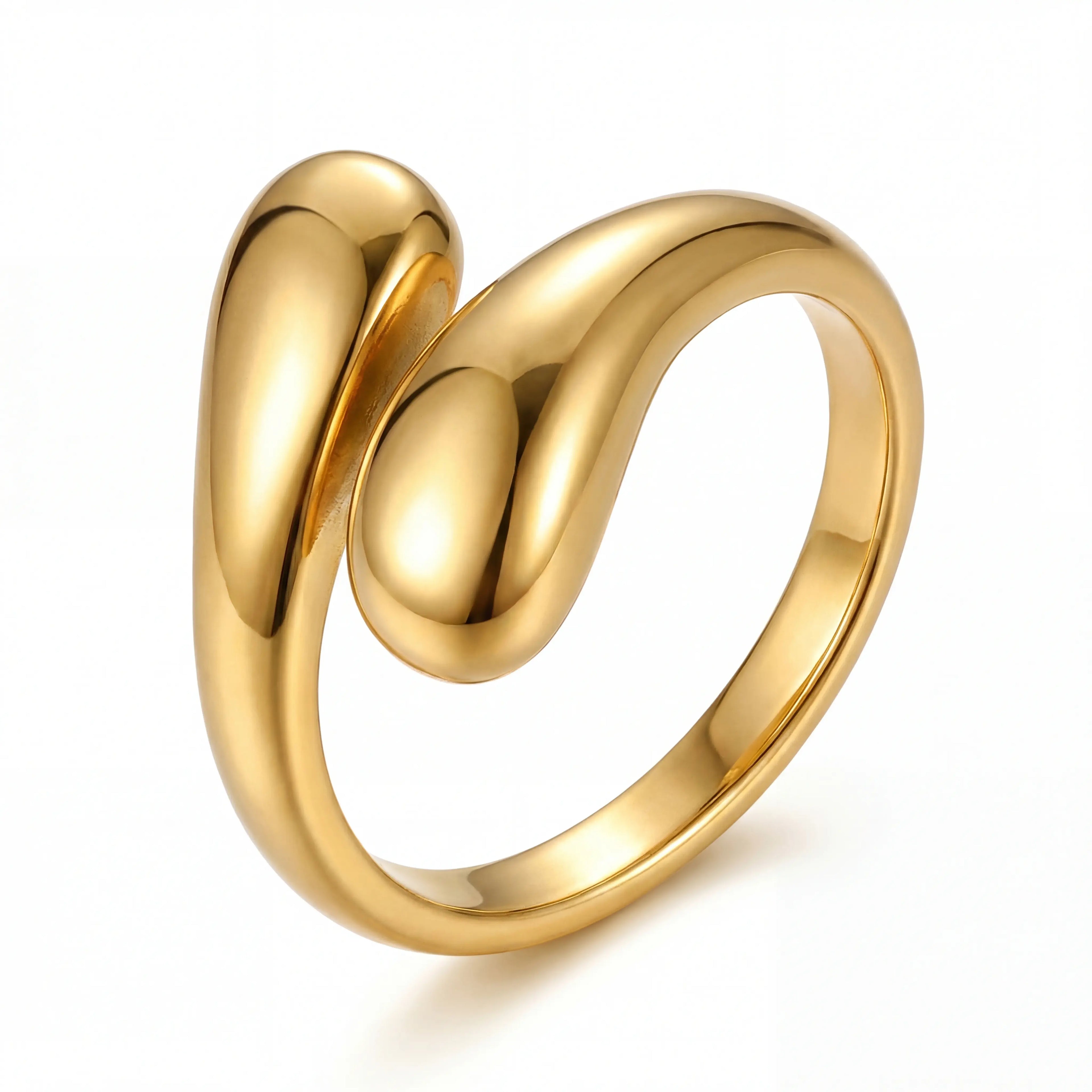 Gold bypass ring with sculptural double teardrop design waterproof stainless steel.