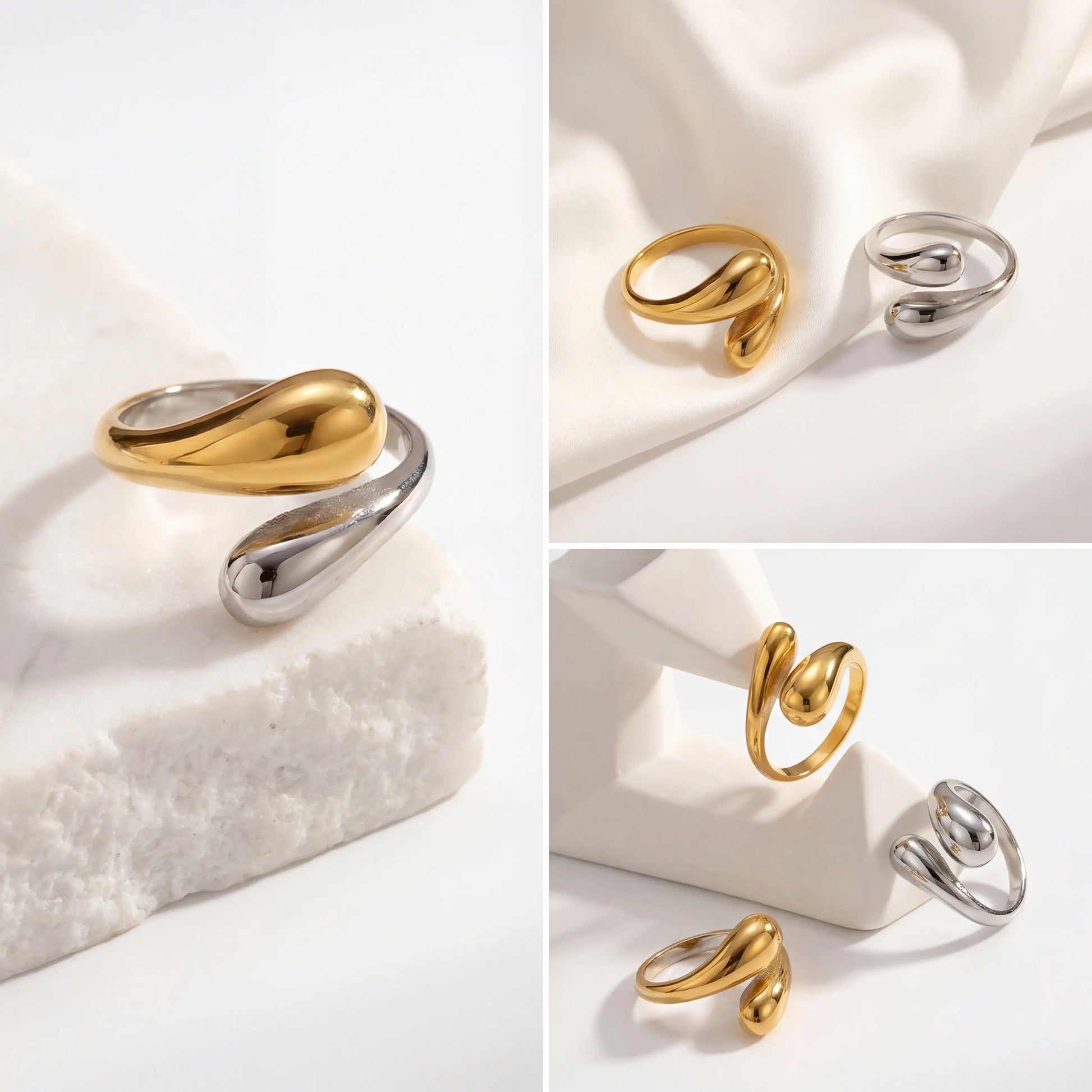Aesthetic product photography of gold silver and two-tone Gemini rings on white stone.