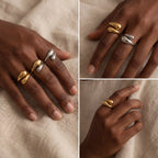 Model with dark skin styling stacked gold and silver teardrop rings mixed metal trend.