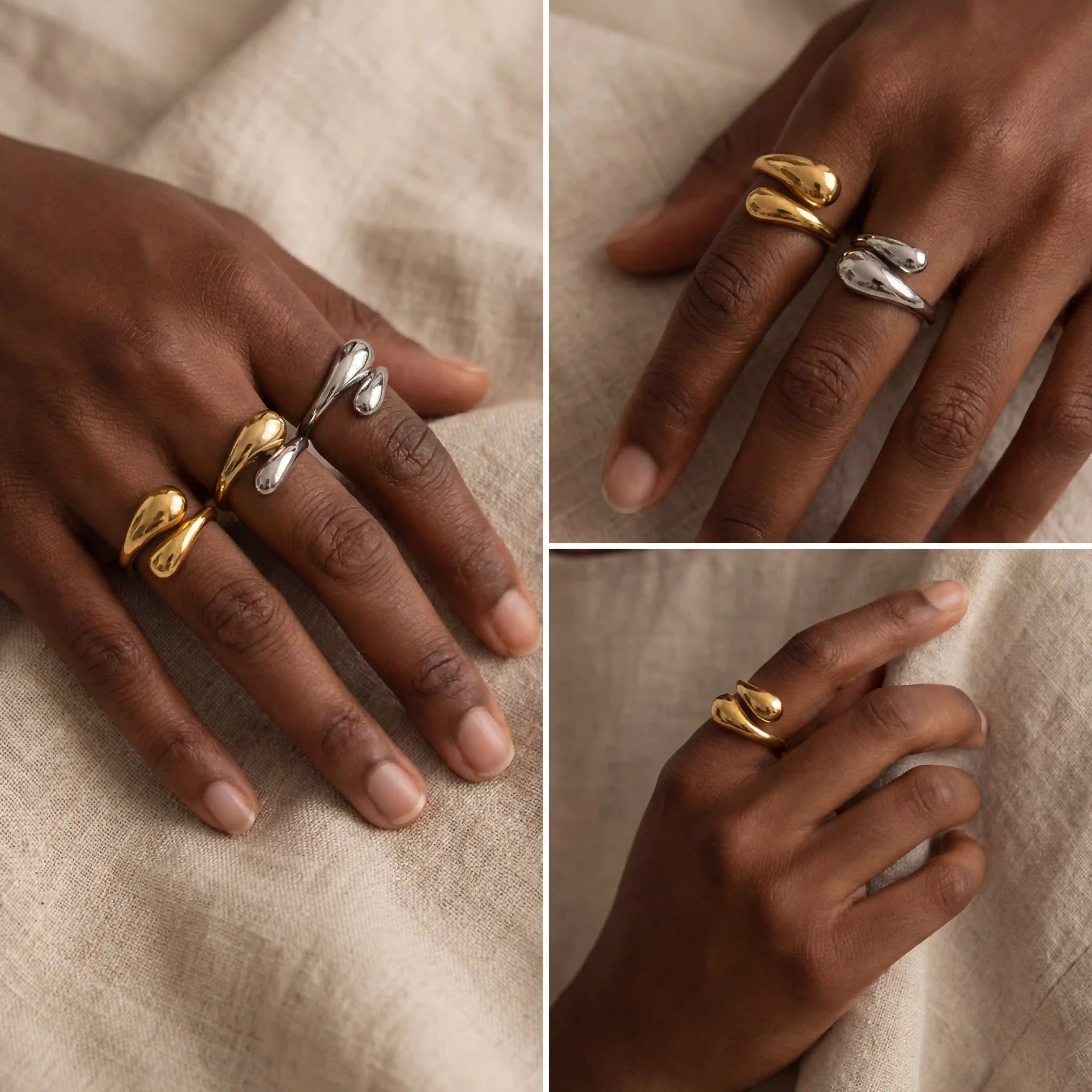 Model with dark skin styling stacked gold and silver teardrop rings mixed metal trend.