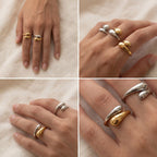 Lifestyle photography collage of woman wearing sculptural open rings minimalist style.