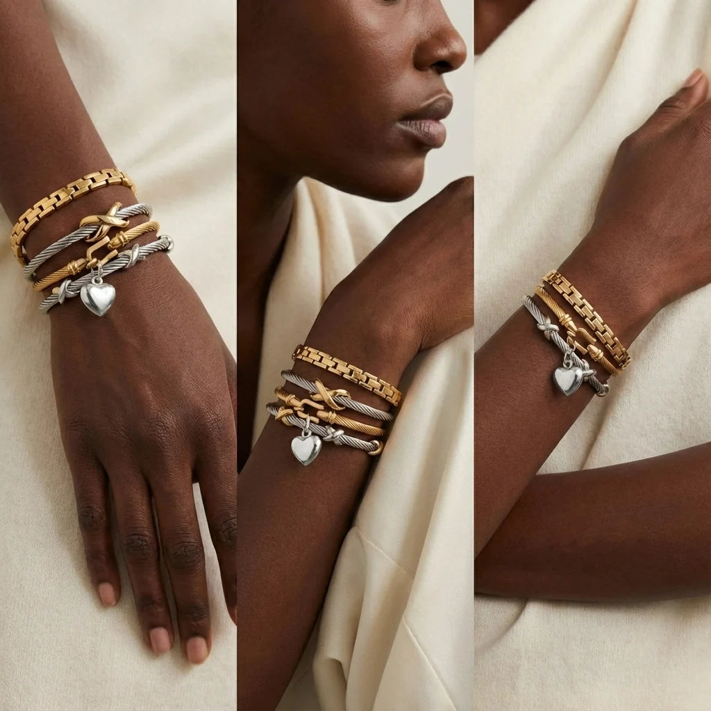 Stacked jewelry inspiration mixed metal bangles with twisted cable heart bracelet.