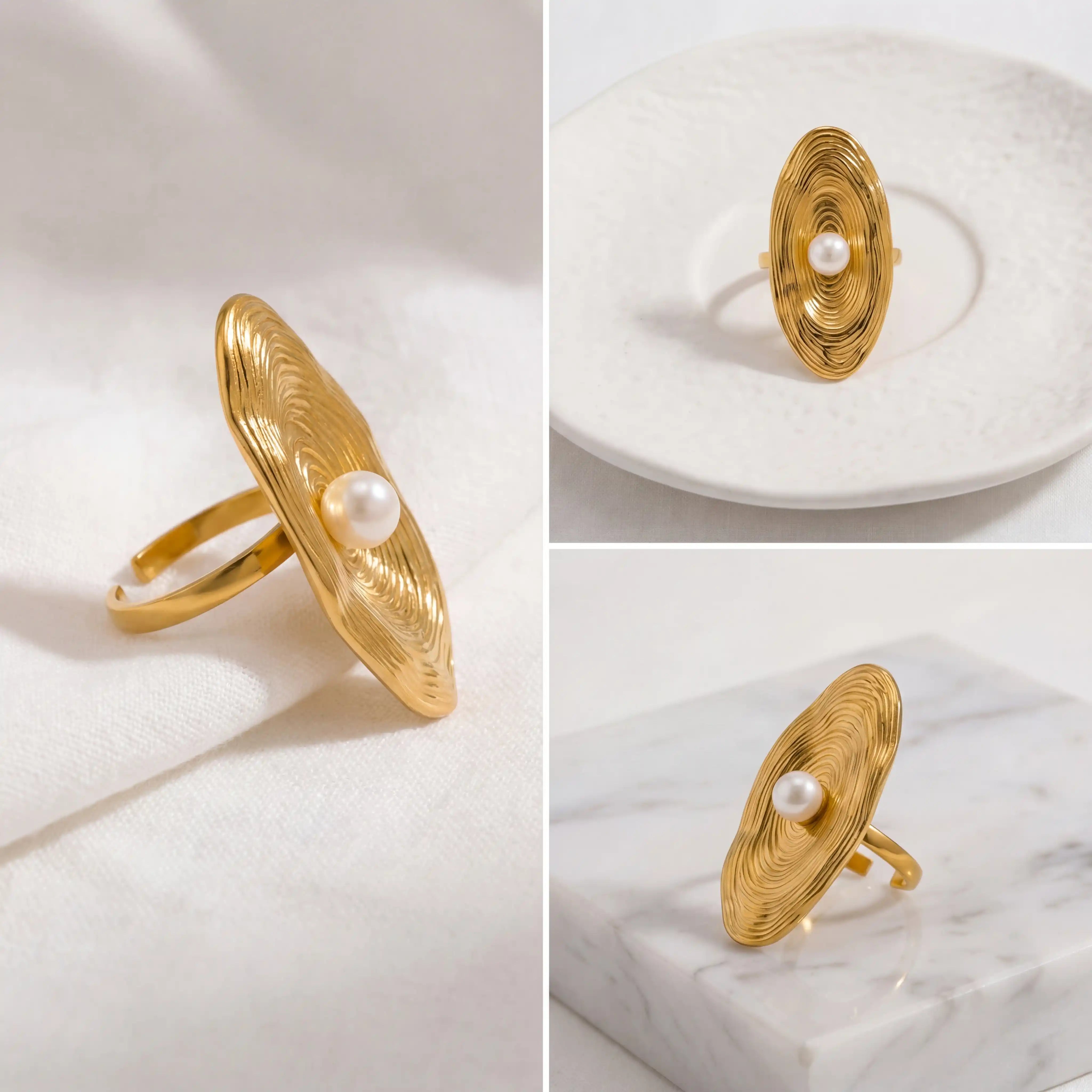 Aesthetic product photography collage of sculptural gold pearl ring side and front view.