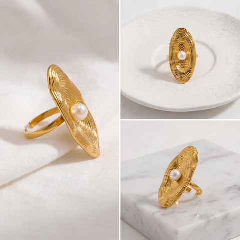 Aesthetic product photography collage of sculptural gold pearl ring side and front view.
