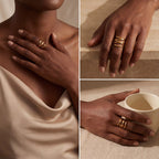 Dark skin model styling gold and two-tone crossover rings elegant look.