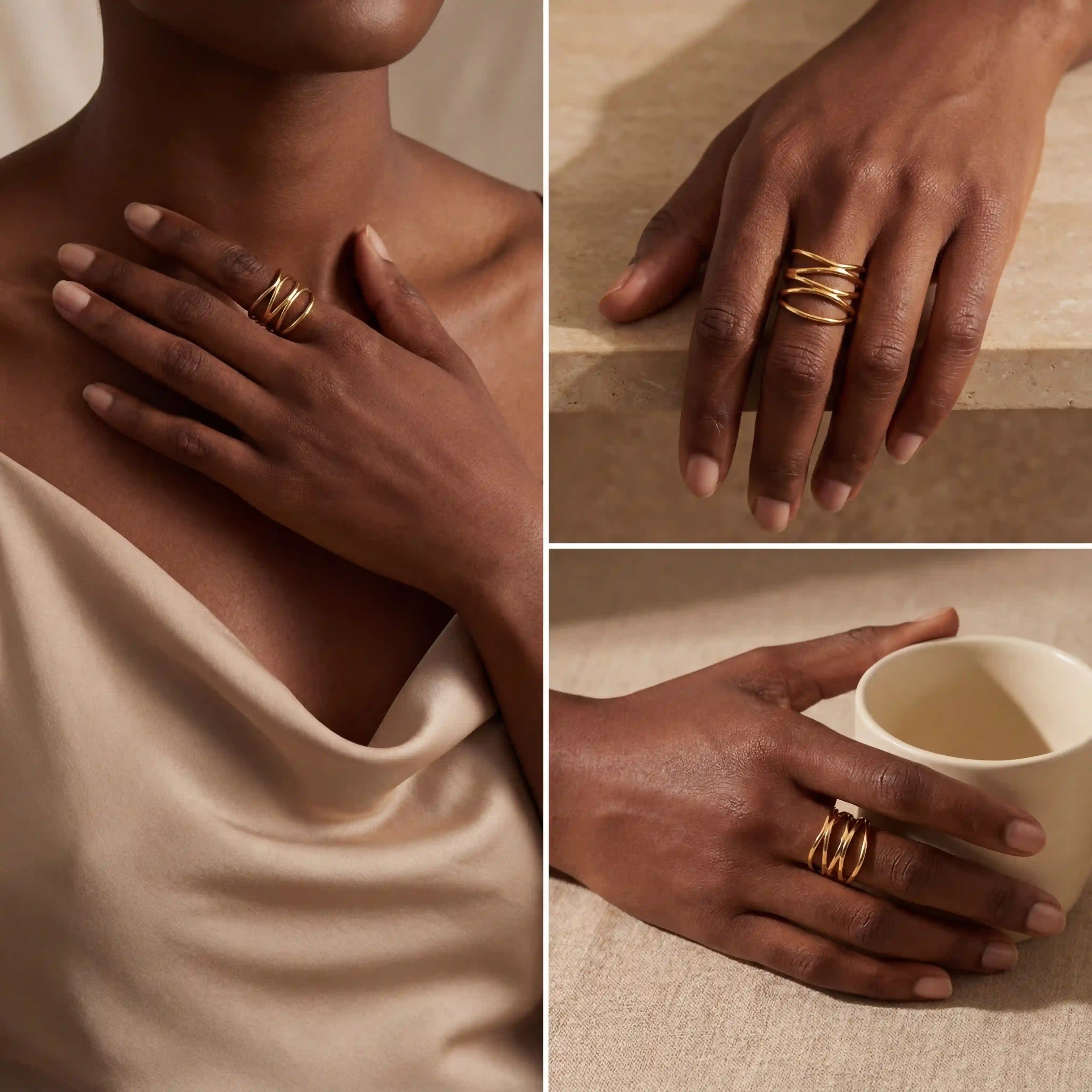 Dark skin model styling gold and two-tone crossover rings elegant look.