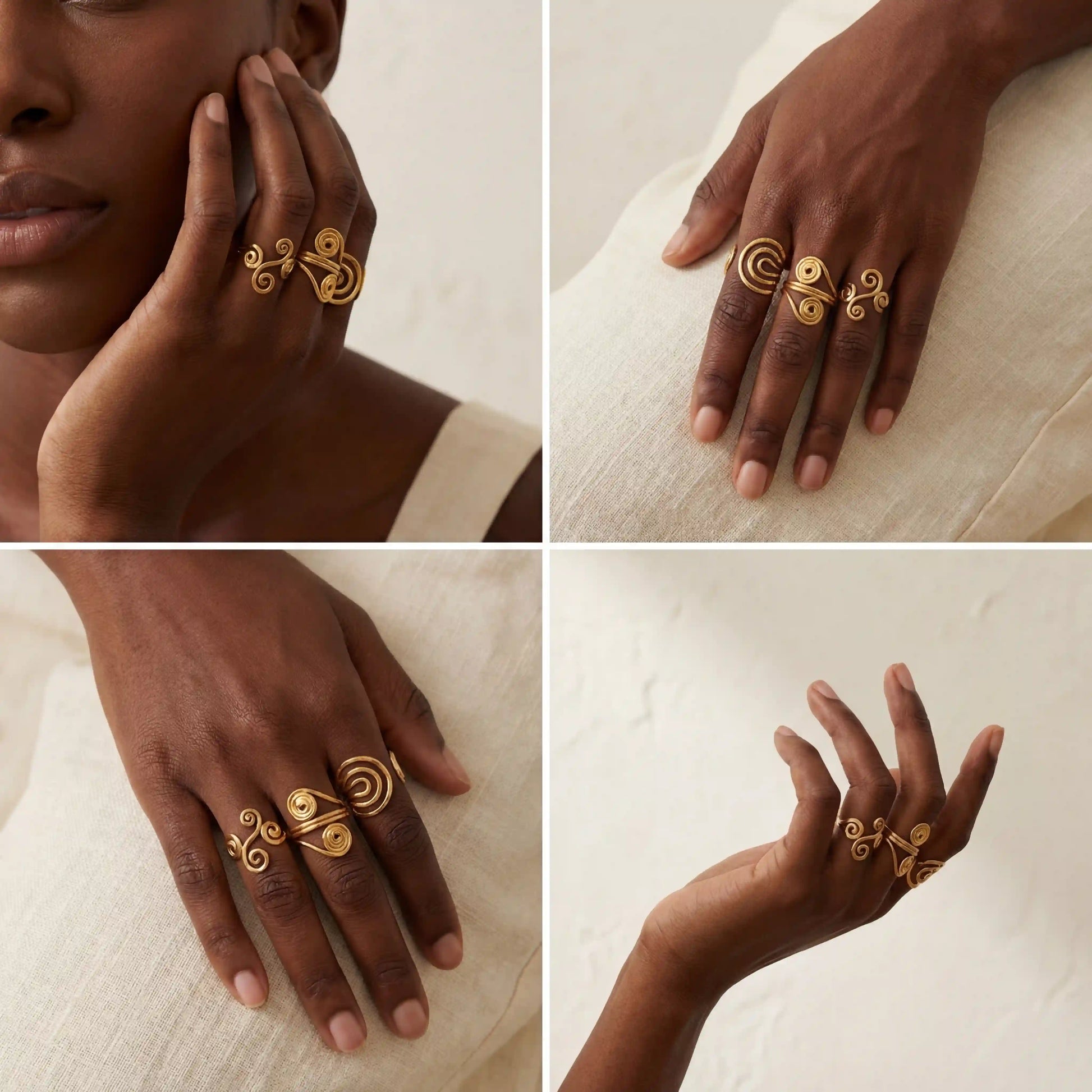 Lifestyle photography collage of woman wearing gold liquid metal ring with smile.