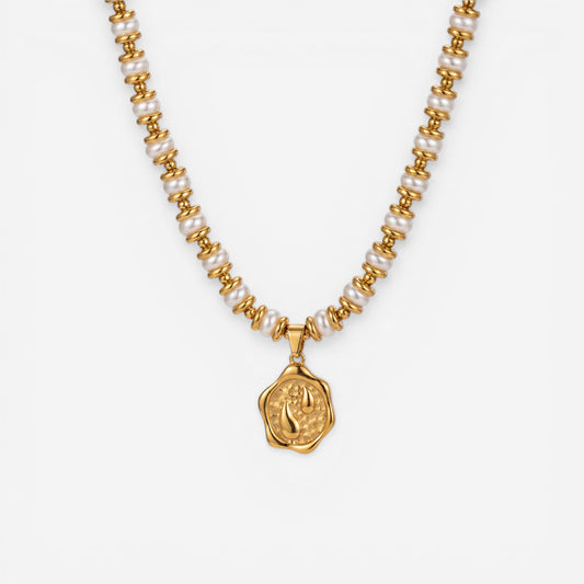 Gold and pearl beaded necklace with melted coin pendant waterproof stainless steel.