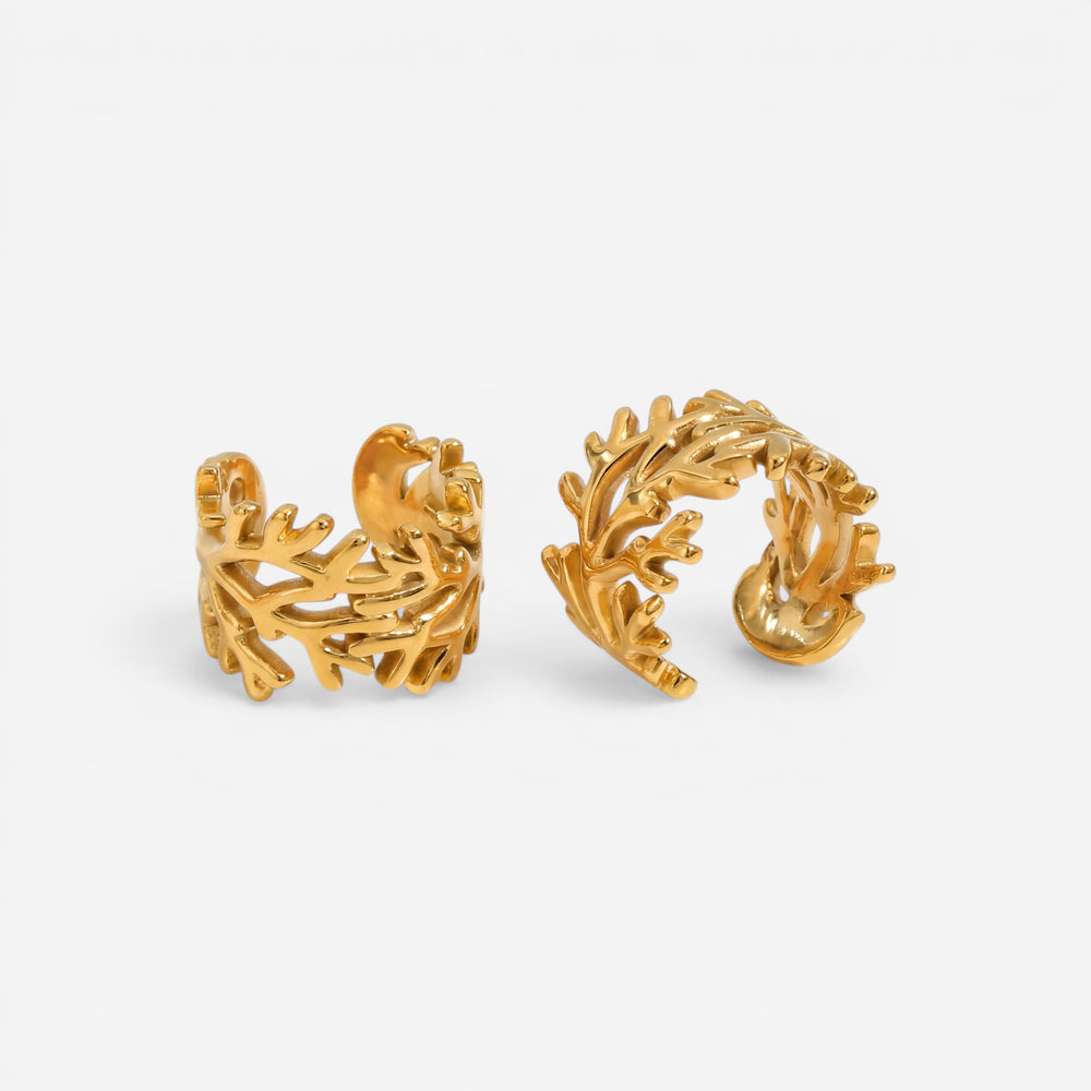 Pair of gold branch texture ear cuffs waterproof stainless steel clip on jewelry.