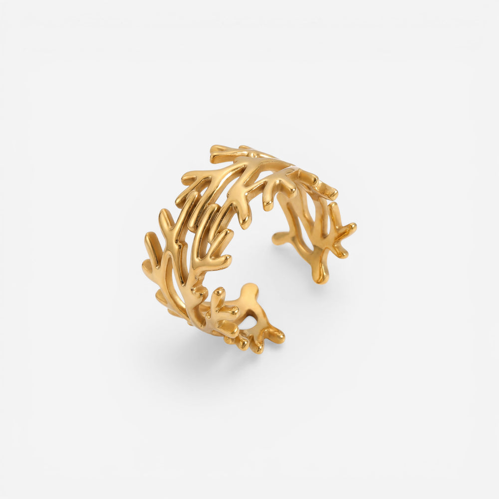 Gold branch ring adjustable open band nature inspired stainless steel jewelry.
