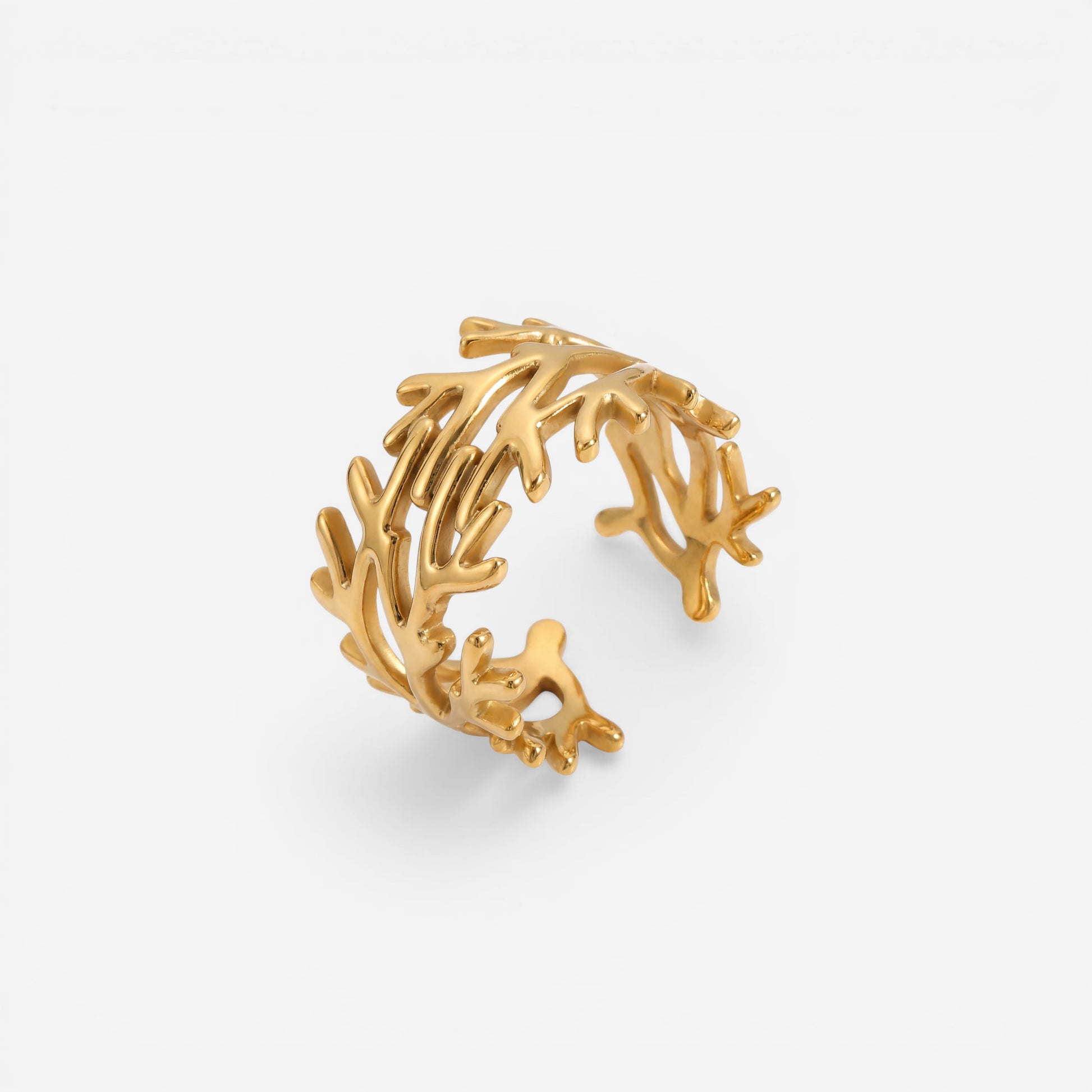Gold branch ring adjustable open band nature inspired stainless steel jewelry.
