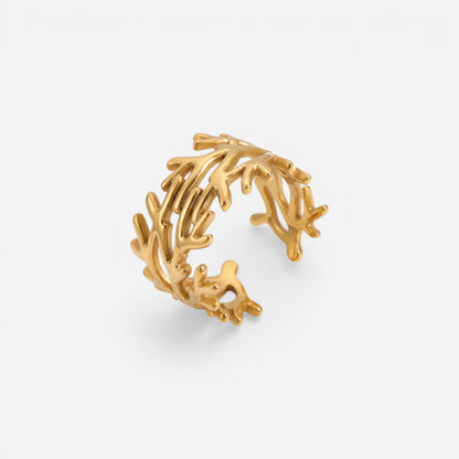 Gold branch ring adjustable open band nature inspired stainless steel jewelry.
