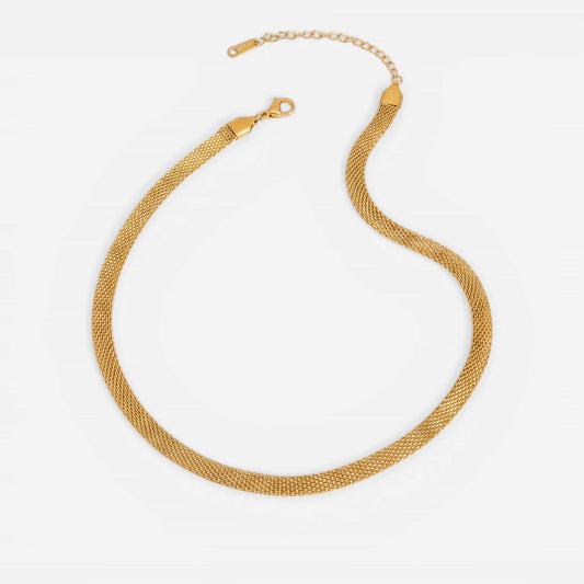 Gold mesh chain necklace flat flexible stainless steel choker on white background.