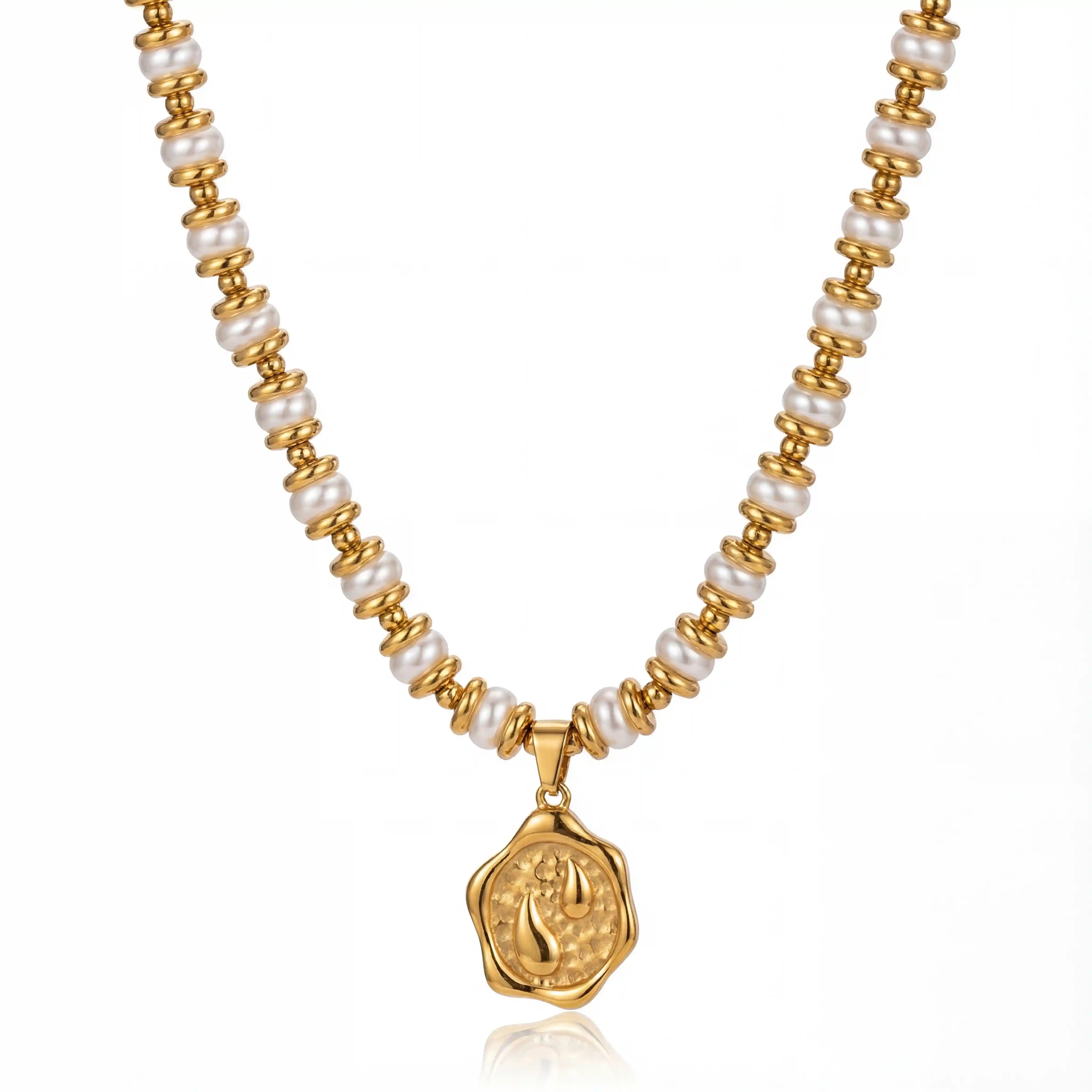 Gold and pearl beaded necklace with melted coin pendant waterproof stainless steel.