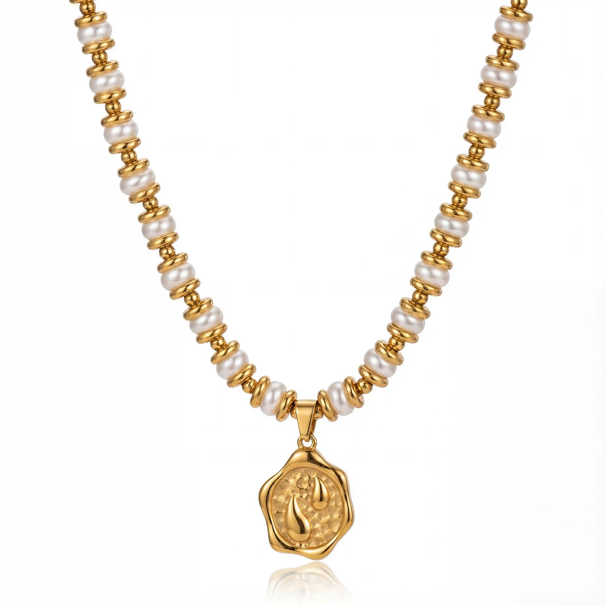 Gold and pearl beaded necklace with melted coin pendant waterproof stainless steel.