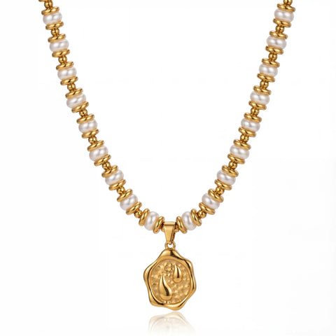 Gold and pearl beaded necklace with melted coin pendant waterproof stainless steel.