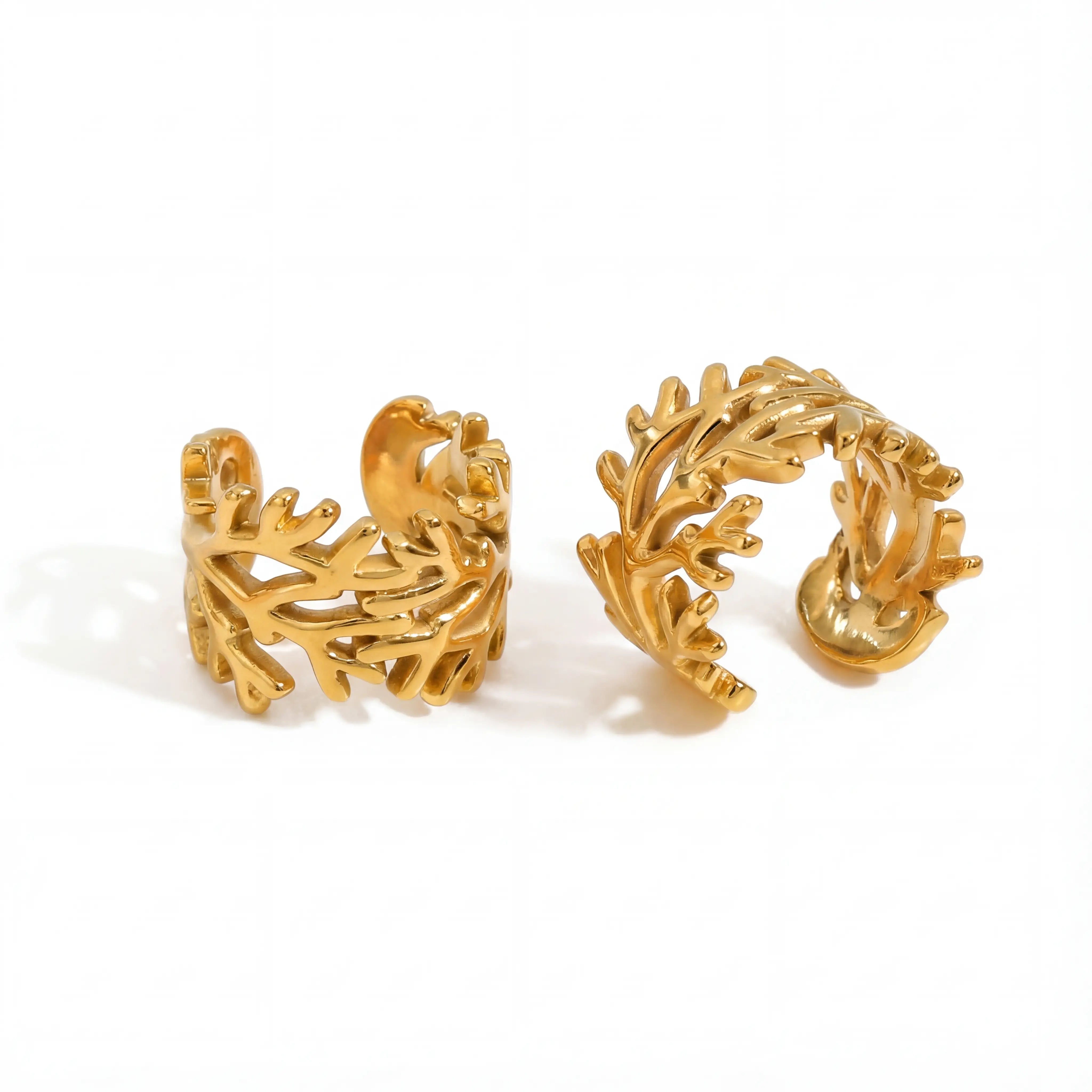 Pair of gold branch texture ear cuffs waterproof stainless steel clip on jewelry.