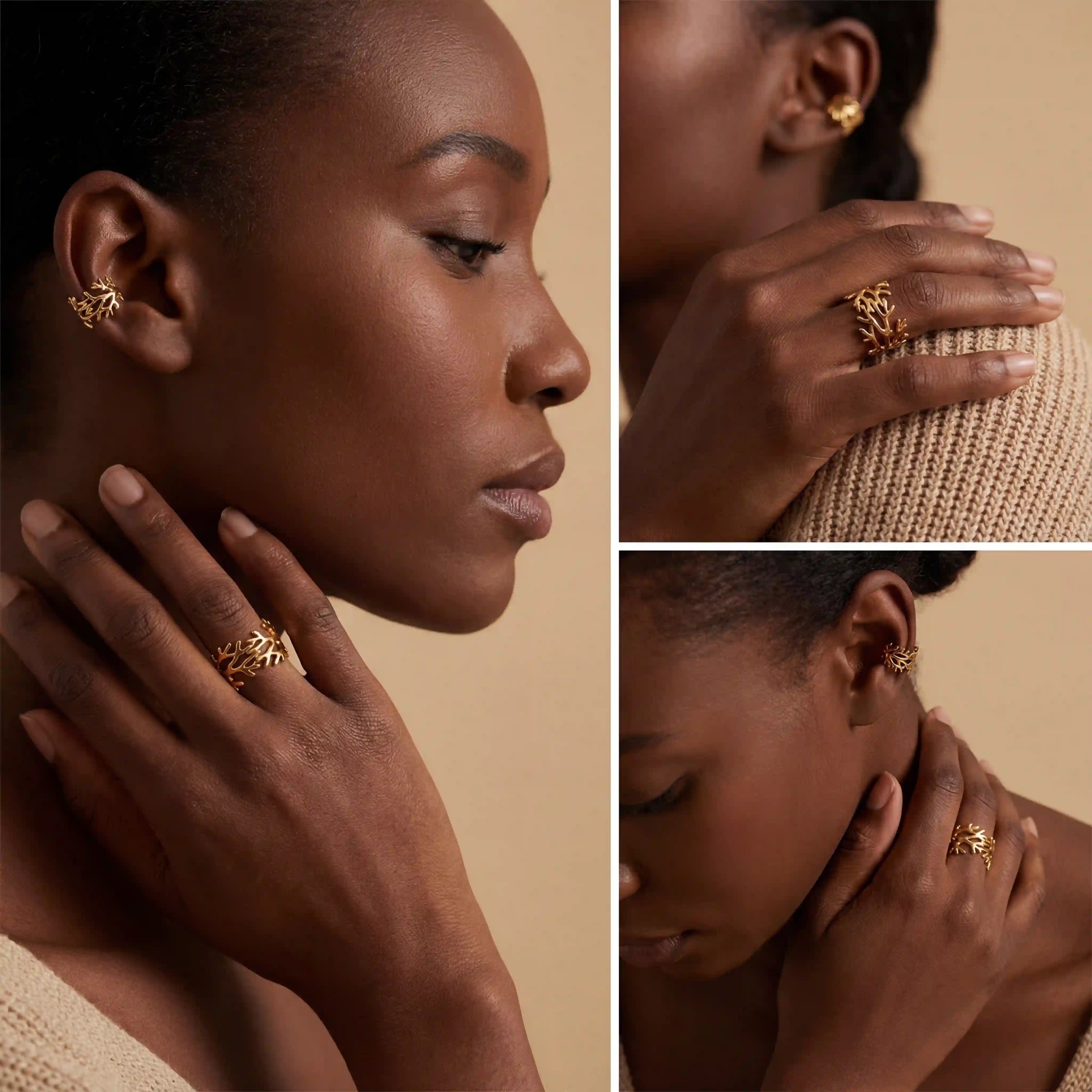 Model with dark skin wearing gold nature inspired ring everyday style.