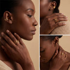 Model with dark skin wearing gold nature inspired ring everyday style.