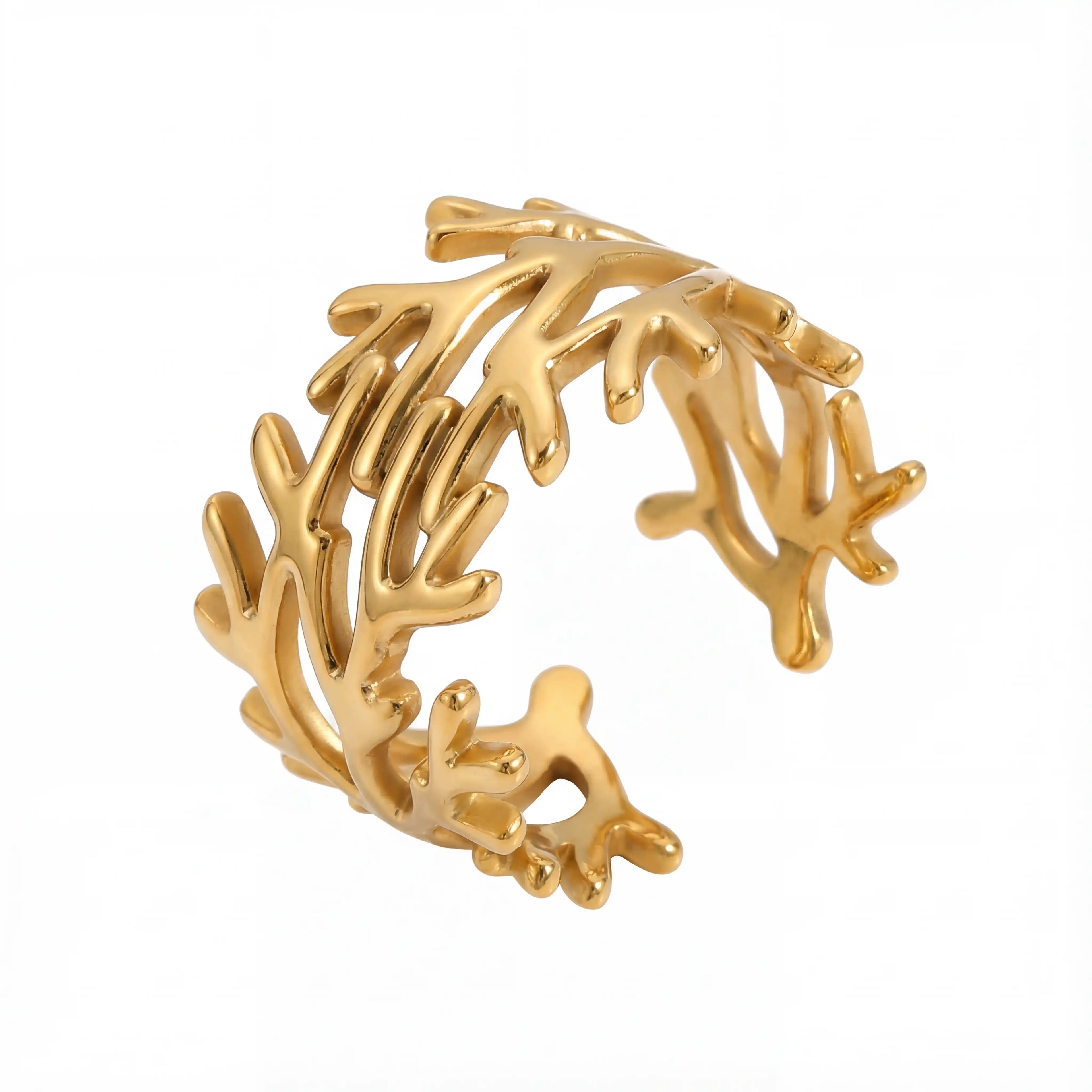 Gold branch ring adjustable open band nature inspired stainless steel jewelry.