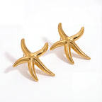 Pair of chunky gold starfish stud earrings waterproof stainless steel jewelry.