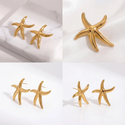 Aesthetic product photography collage of gold starfish earrings gift ideas.