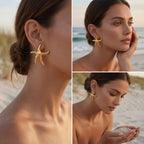 Lifestyle collage of woman wearing gold starfish earrings on beach sunset vacation.