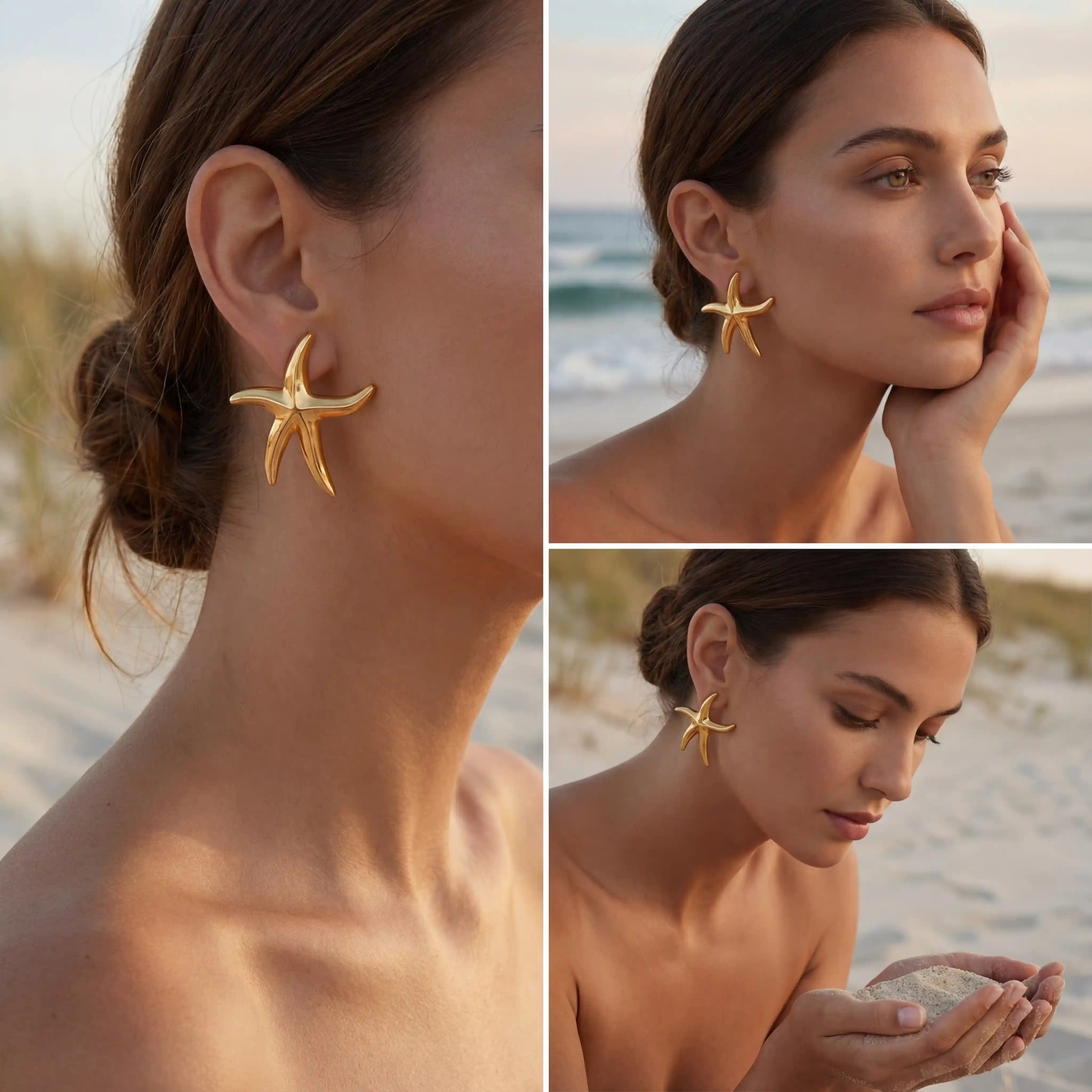 Lifestyle collage of woman wearing gold starfish earrings on beach sunset vacation.