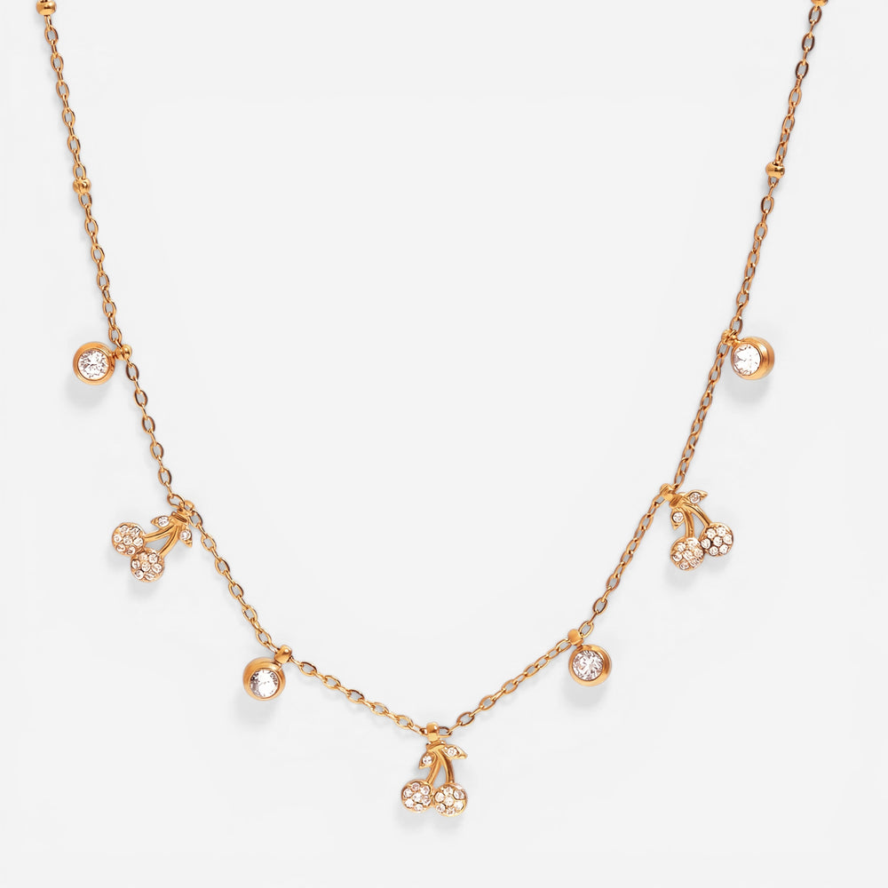 Gold delicate chain necklace with crystal dewdrop station charms waterproof stainless steel.