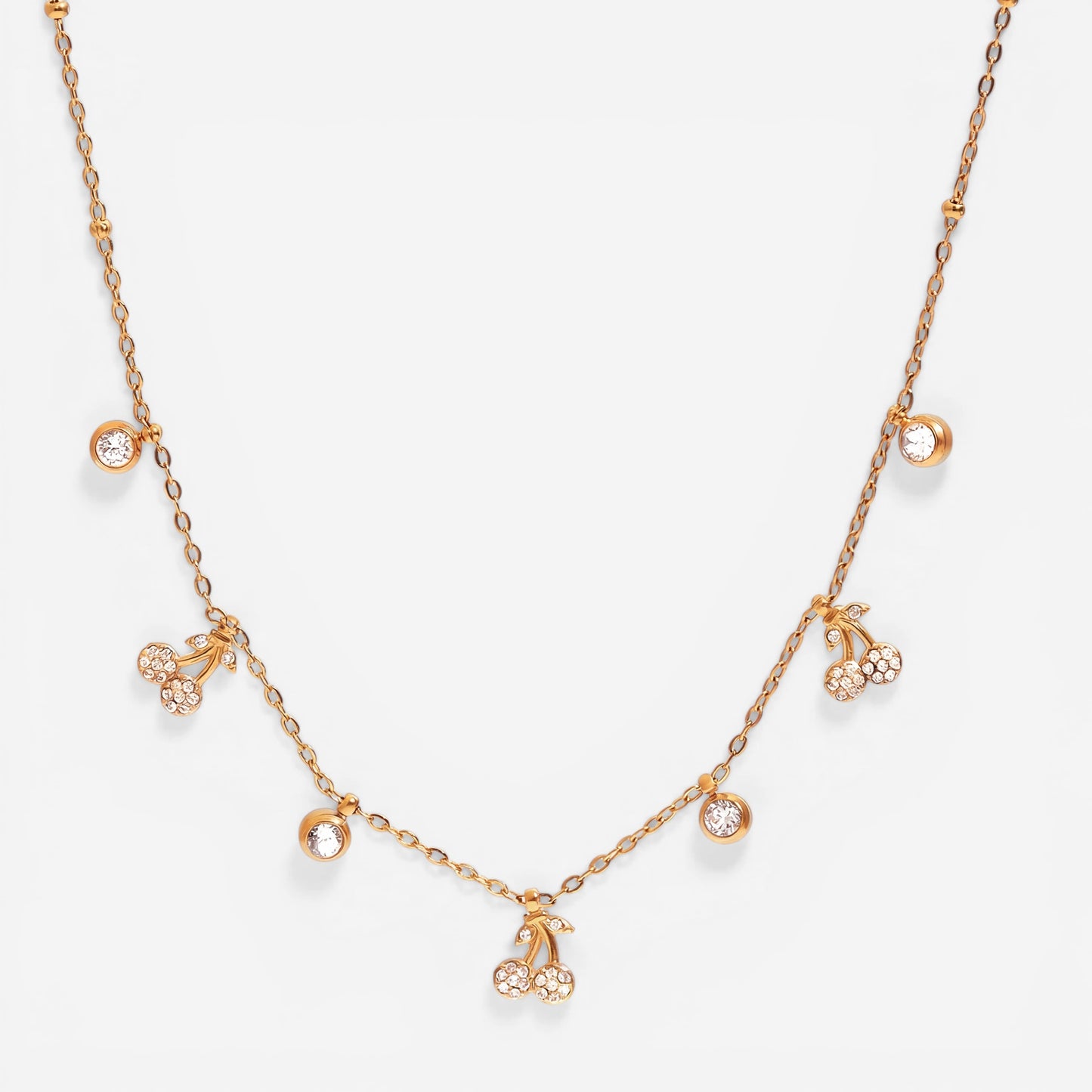 Gold delicate chain necklace with crystal dewdrop station charms waterproof stainless steel.