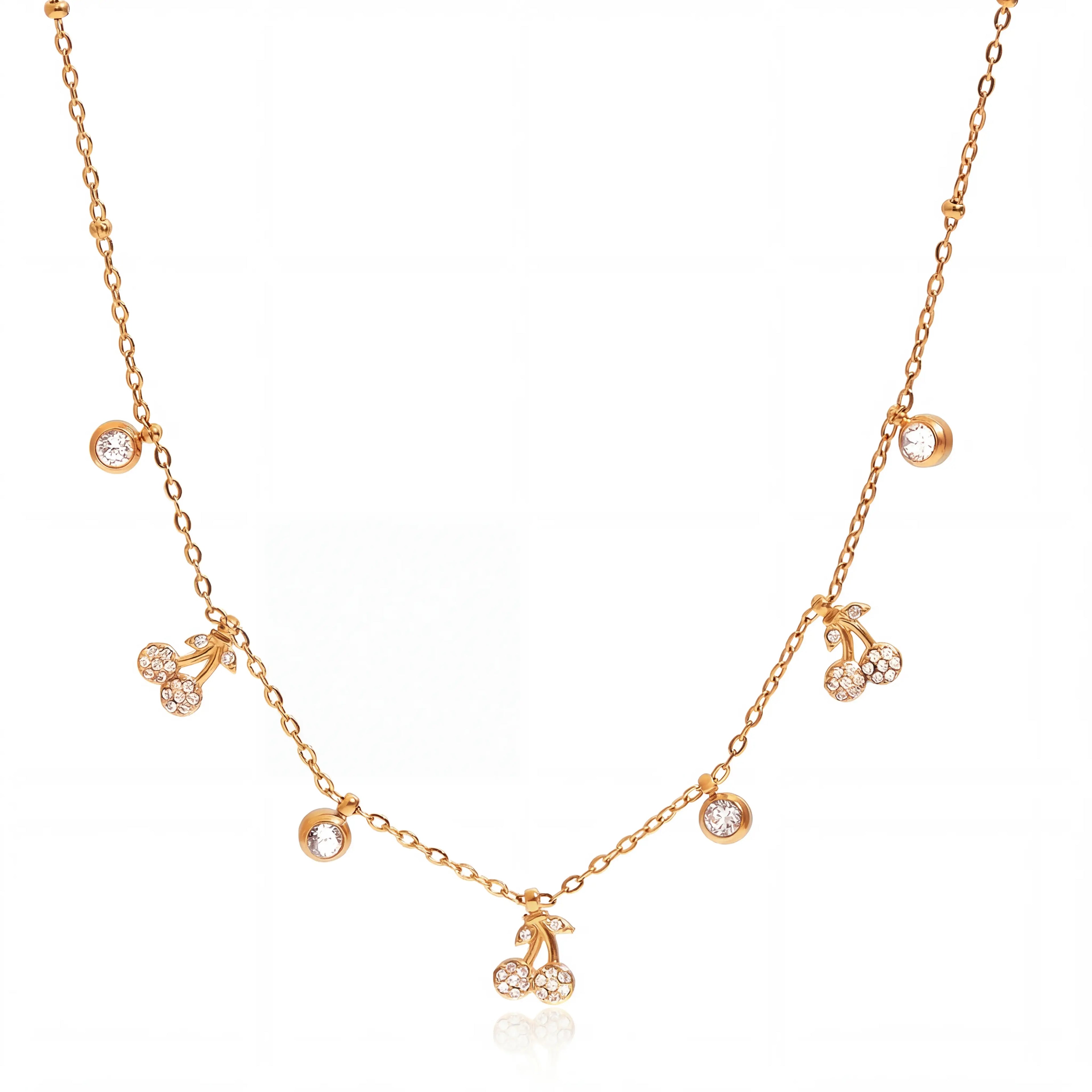 Gold delicate chain necklace with crystal dewdrop station charms waterproof stainless steel.