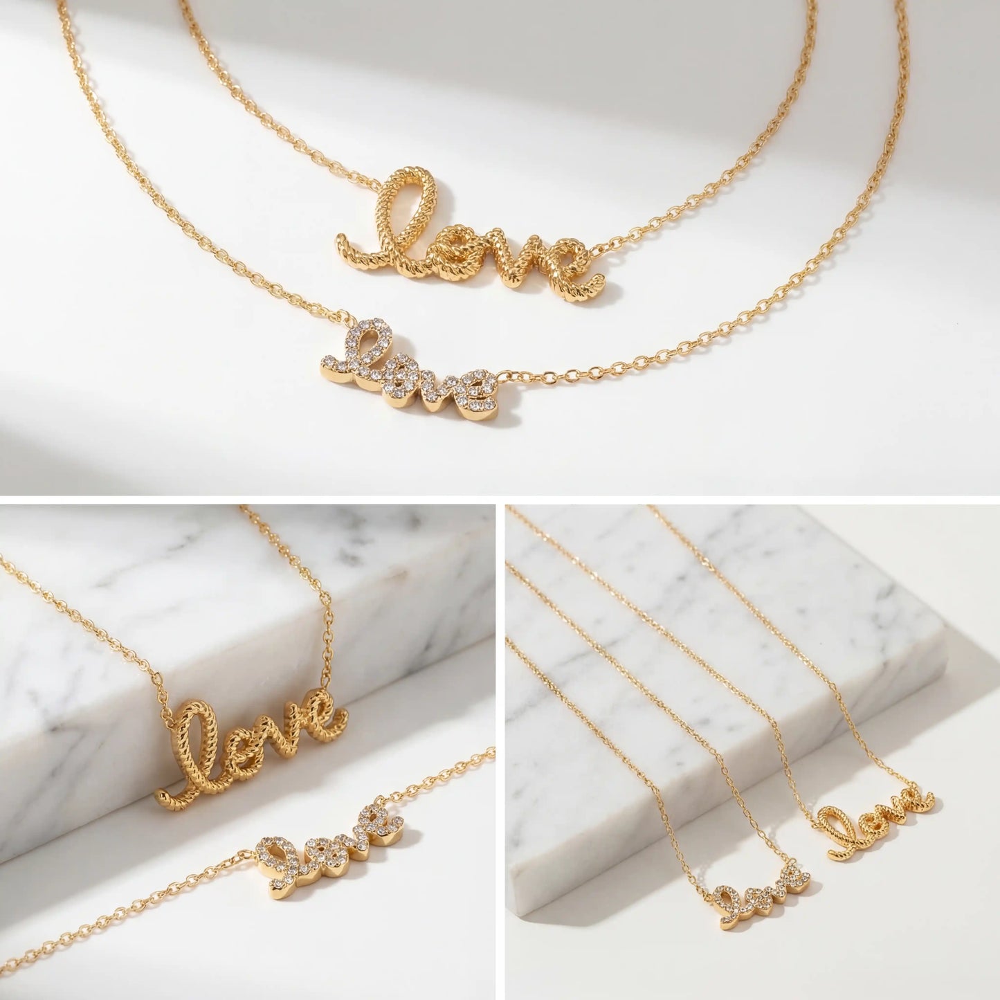 Aesthetic product photography of gold and silver love script necklaces on marble background.
