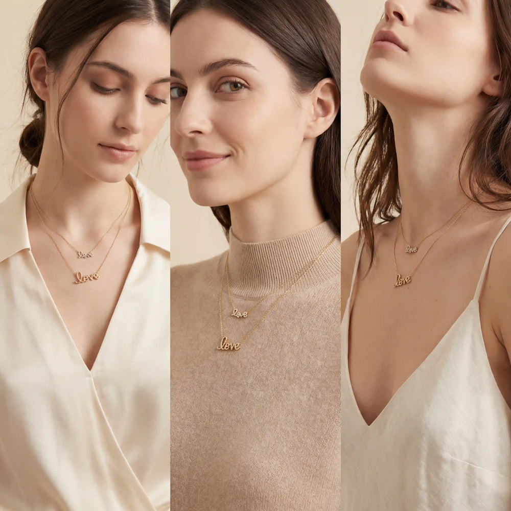 Lifestyle photography collage of woman styling gold and silver love word necklaces layered look.