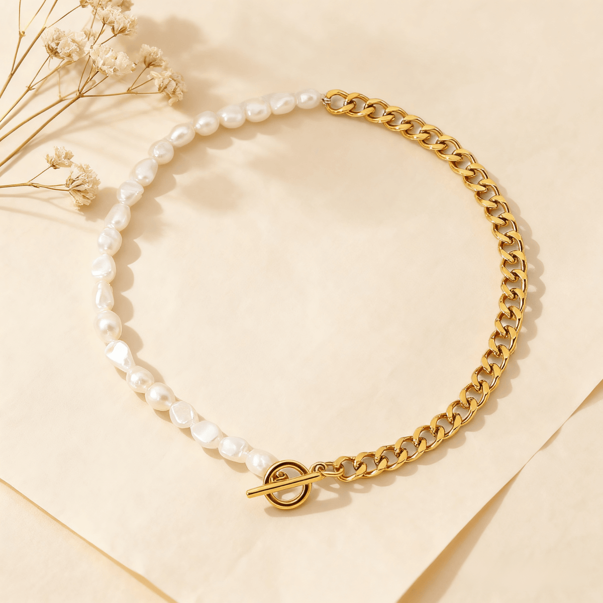 Harmony Pearl Chain Necklace — pearls interwoven with delicate chain links, elegant and timeless necklace.