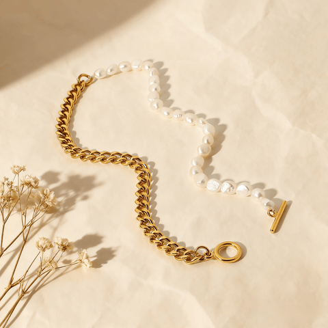 Harmony Pearl Chain Necklace — pearls interwoven with delicate chain links, elegant and timeless necklace.