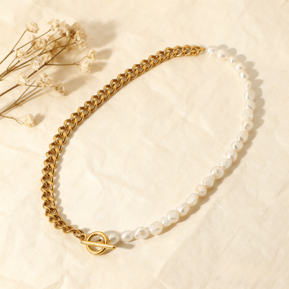 Harmony Pearl Chain Necklace — pearls interwoven with delicate chain links, elegant and timeless necklace.