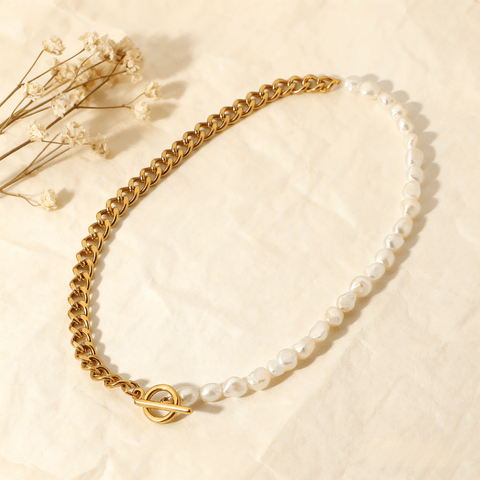 Harmony Pearl Chain Necklace — pearls interwoven with delicate chain links, elegant and timeless necklace.
